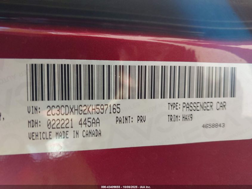 2019 Dodge Charger Gt Rwd VIN: 2C3CDXHG2KH597165 Lot: 43409855