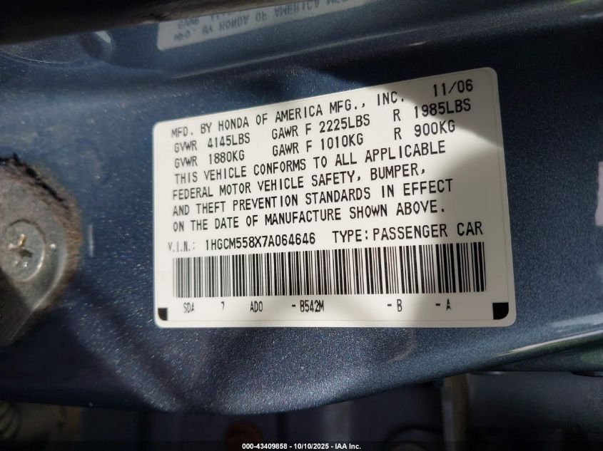 2007 Honda Accord 2.4 Ex VIN: 1HGCM558X7A064646 Lot: 43409858
