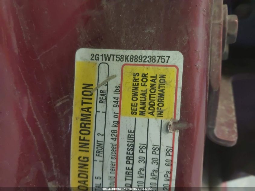 2008 Chevrolet Impala Lt VIN: 2G1WT58K889238757 Lot: 43409860