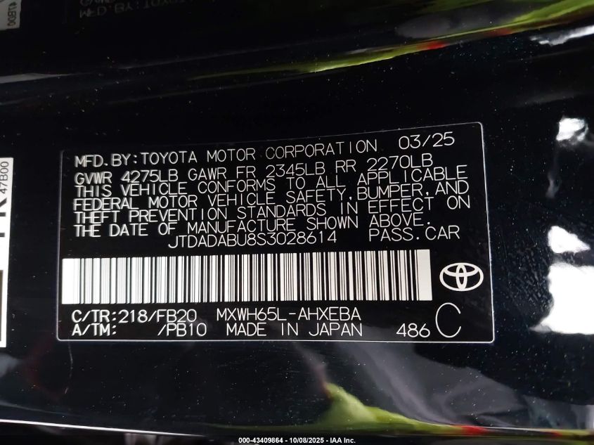 2025 Toyota Prius Le Awd-E VIN: JTDADABU8S3028614 Lot: 43409864