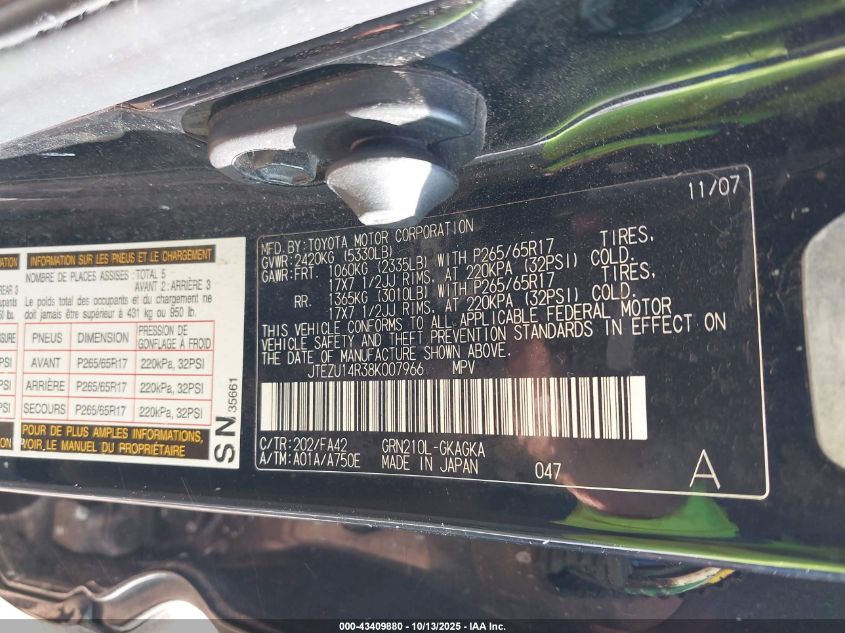 2008 Toyota 4Runner Sr5 V6 VIN: JTEZU14R38K007966 Lot: 43409880