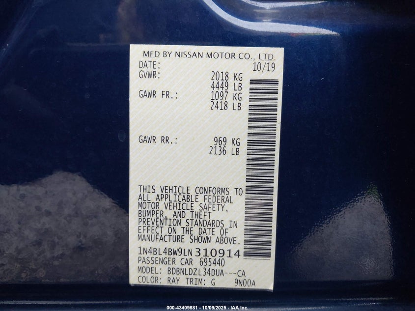 2020 Nissan Altima S Intelligent Awd VIN: 1N4BL4BW9LN310914 Lot: 43409881