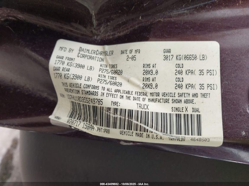 2005 Dodge Ram 1500 Slt/Laramie VIN: 1D7HU18D35S249785 Lot: 43409882