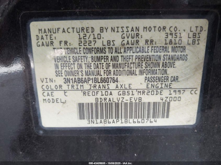 2011 Nissan Sentra 2.0Sl VIN: 3N1AB6AP1BL660764 Lot: 43409885