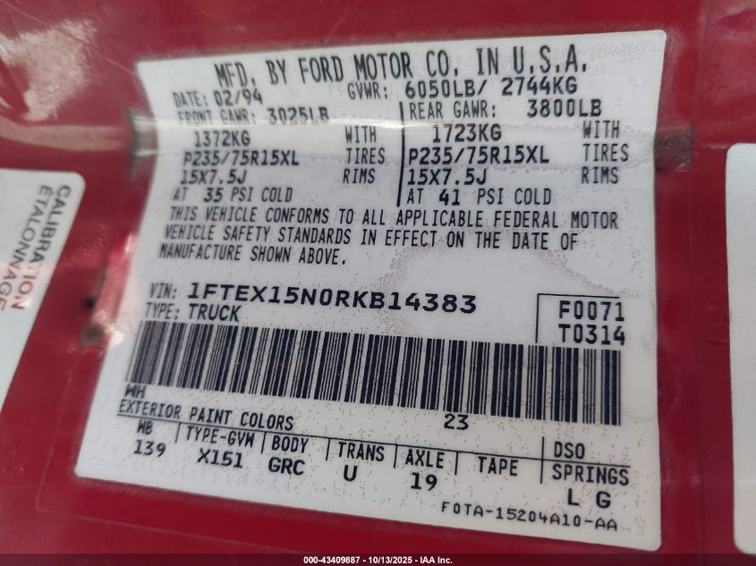 1994 Ford F150 VIN: 1FTEX15N0RKB14383 Lot: 43409887
