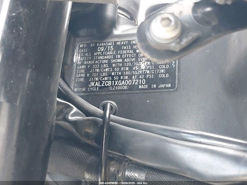 2016 Kawasaki Lz1000 B VIN: JKALZCB1XGA007210 Lot: 43409888