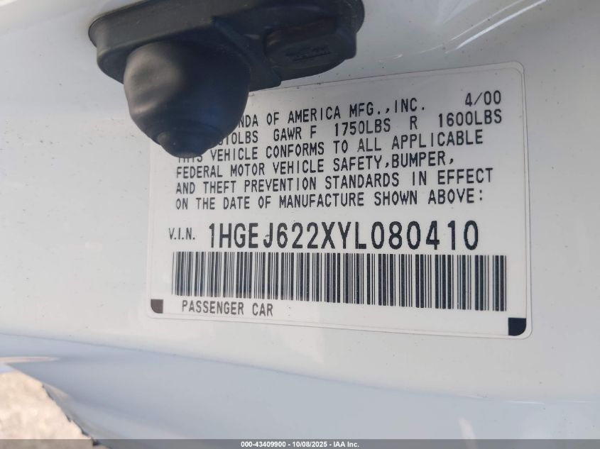 2000 Honda Civic Dx VIN: 1HGEJ622XYL080410 Lot: 43409900