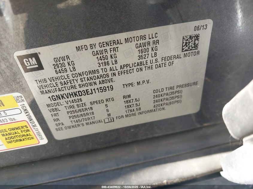 2014 Chevrolet Traverse 2Lt VIN: 1GNKVHKD3EJ115919 Lot: 43409922