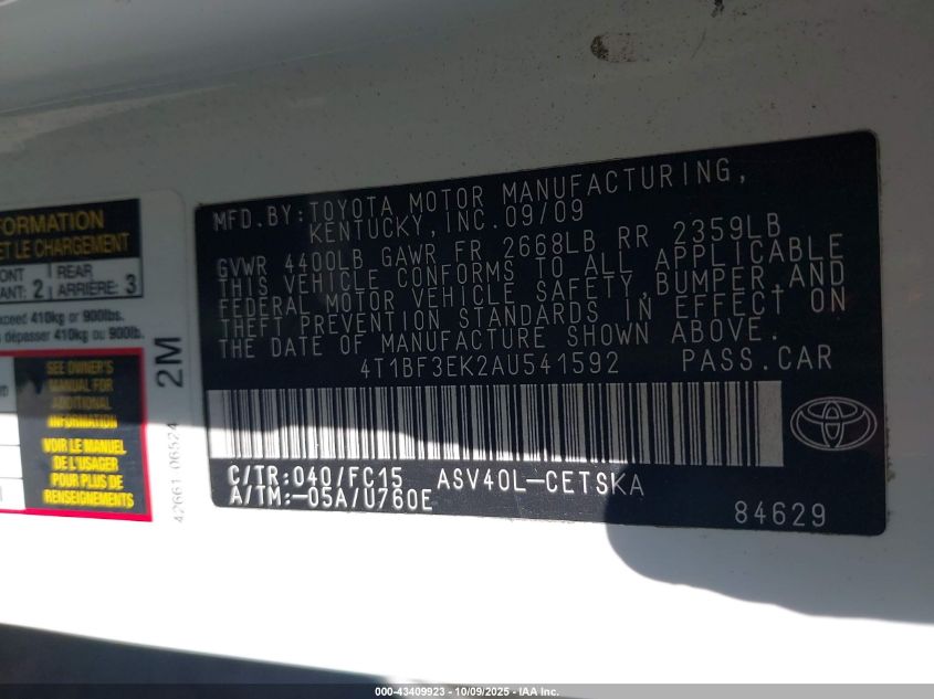 2010 Toyota Camry Se VIN: 4T1BF3EK2AU541592 Lot: 43409923