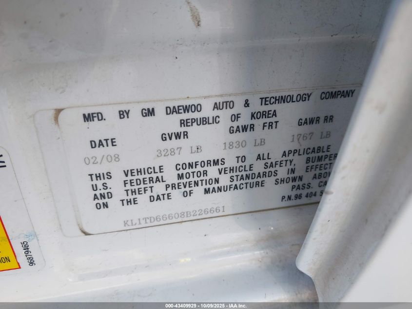 2008 Chevrolet Aveo 5 Ls VIN: KL1TD66608B226661 Lot: 43409929