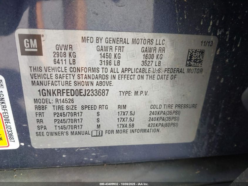 2014 Chevrolet Traverse Ls VIN: 1GNKRFED0EJ233687 Lot: 43409932