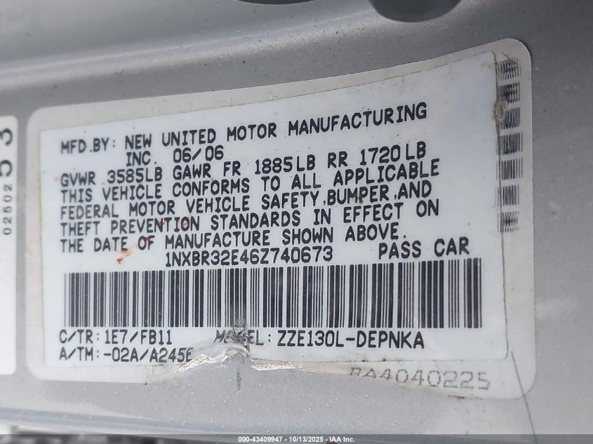 2006 Toyota Corolla Le VIN: 1NXBR32E46Z740673 Lot: 43409947