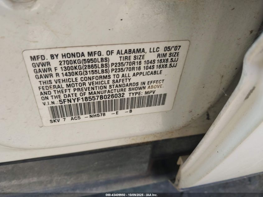 2007 Honda Pilot Ex-L VIN: 5FNYF18557B026032 Lot: 43409950