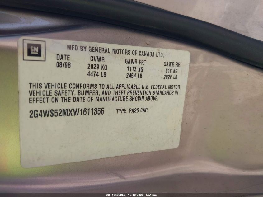 1998 Buick Century Custom VIN: 2G4WS52MXW1611356 Lot: 43409955