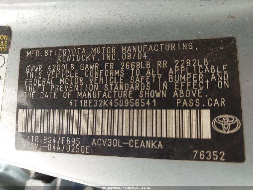 2005 Toyota Camry Le VIN: 4T1BE32K45U956541 Lot: 43409956