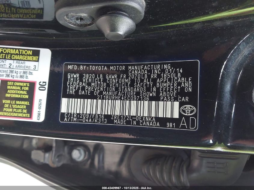 2014 Toyota Corolla Le VIN: 2T1BURHE4EC097136 Lot: 43409967