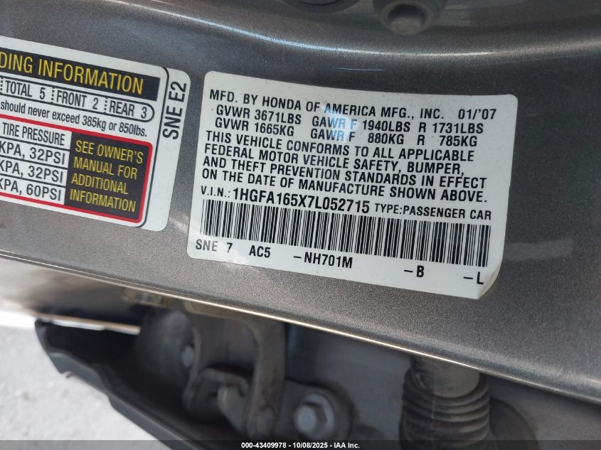 2007 Honda Civic Lx VIN: 1HGFA165X7L052715 Lot: 43409978