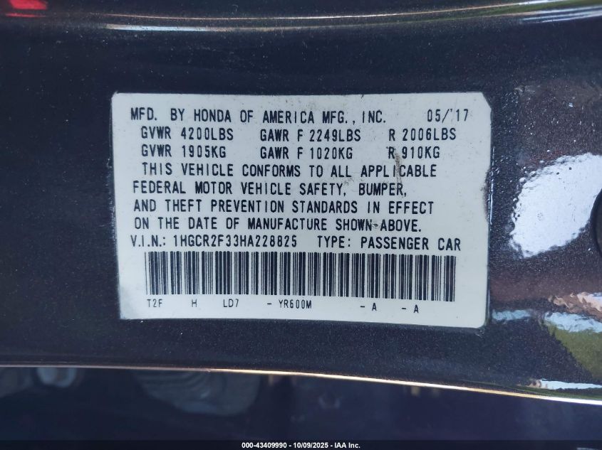 2017 Honda Accord Lx VIN: 1HGCR2F33HA228825 Lot: 43409990