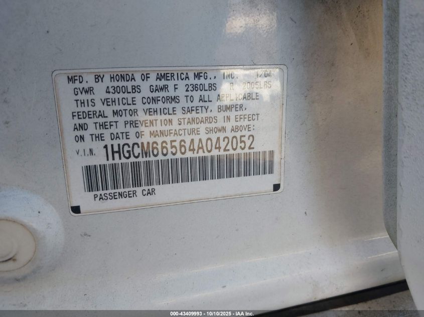 2004 Honda Accord 3.0 Ex VIN: 1HGCM66564A042052 Lot: 43409993