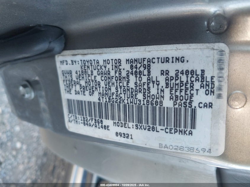 1998 Toyota Camry Le VIN: 4T1BG22K1WU318608 Lot: 43409994