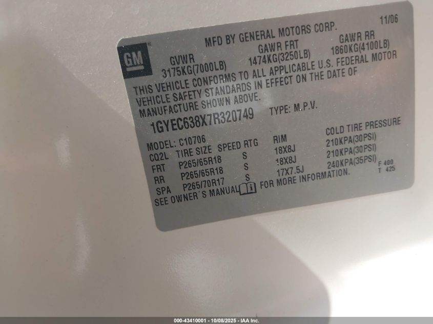 2007 Cadillac Escalade Standard VIN: 1GYEC638X7R320749 Lot: 43410001
