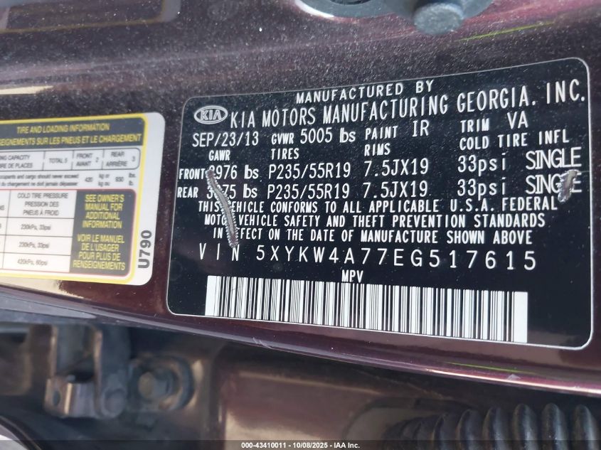 2014 Kia Sorento Sx VIN: 5XYKW4A77EG517615 Lot: 43410011