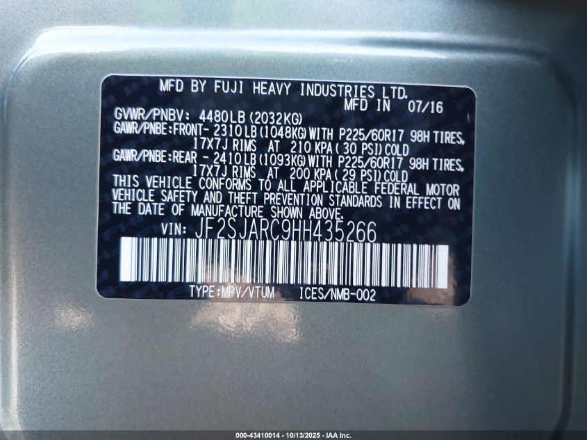 2017 Subaru Forester 2.5I Limited VIN: JF2SJARC9HH435266 Lot: 43410014