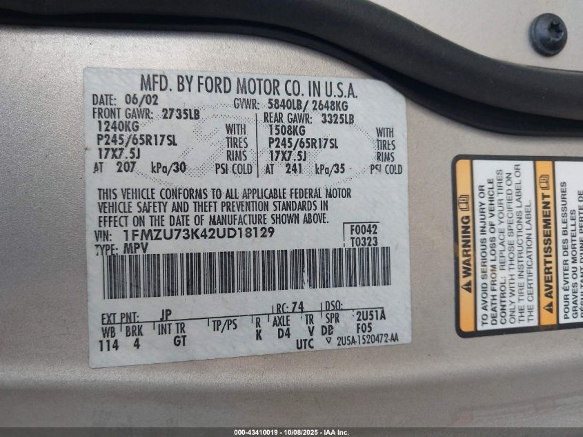 2002 Ford Explorer Xlt VIN: 1FMZU73K42UD18129 Lot: 43410019
