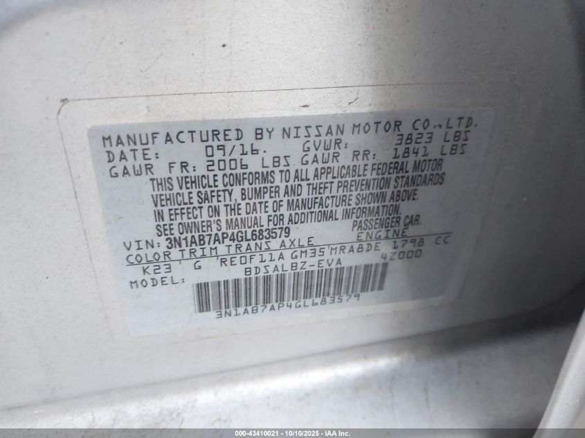 2016 Nissan Sentra S VIN: 3N1AB7AP4GL683579 Lot: 43410021