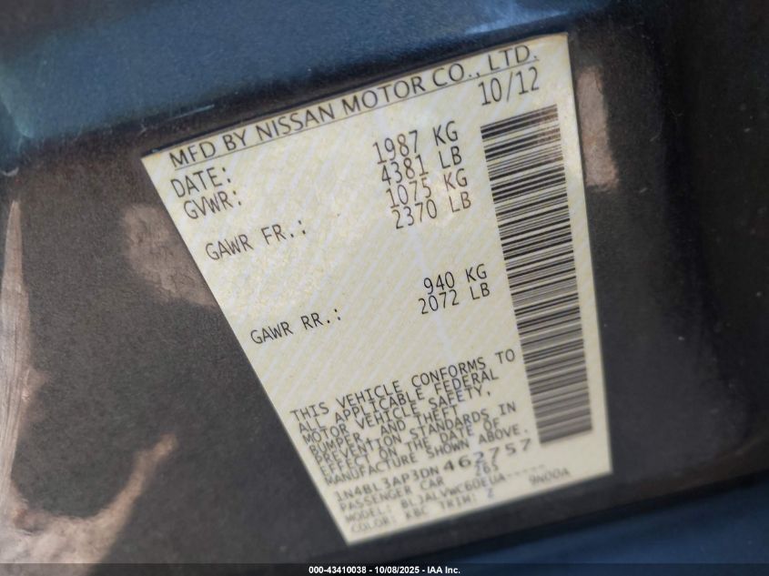 2013 Nissan Altima 3.5 Sl VIN: 1N4BL3AP3DN462757 Lot: 43410038