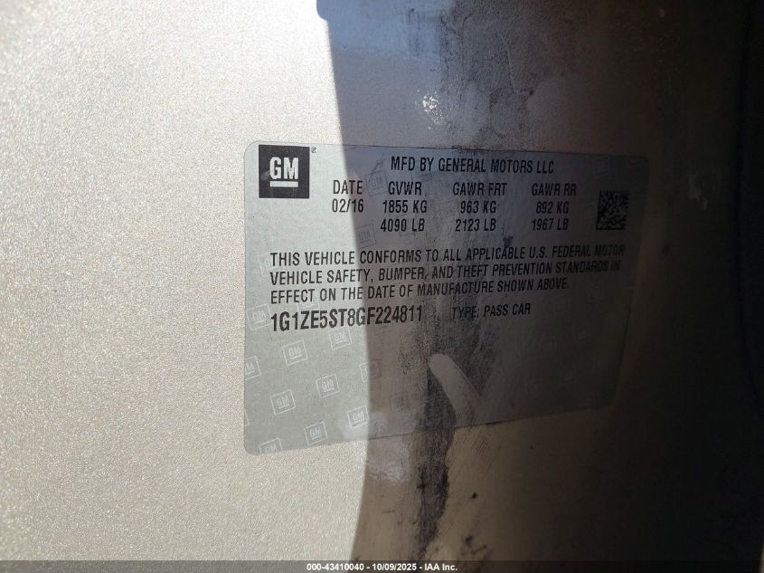 2016 Chevrolet Malibu 1Lt VIN: 1G1ZE5ST8GF224811 Lot: 43410040