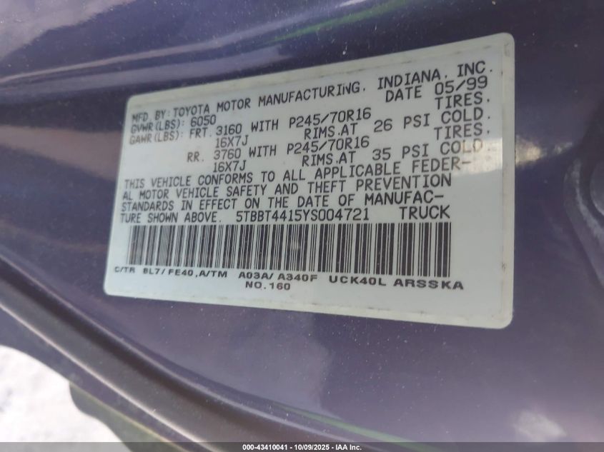 2000 Toyota Tundra Access Cab/Access Cab Sr5 VIN: 5TBBT4415YS004721 Lot: 43410041