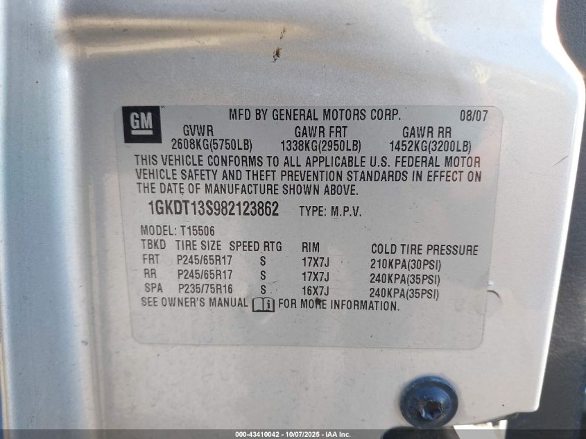 2008 GMC Envoy Sle VIN: 1GKDT13S982123862 Lot: 43410042