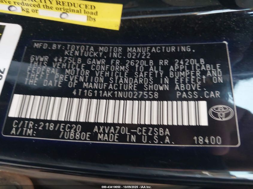 2022 Toyota Camry Se Nightshade Edition VIN: 4T1G11AK1NU027558 Lot: 43410050