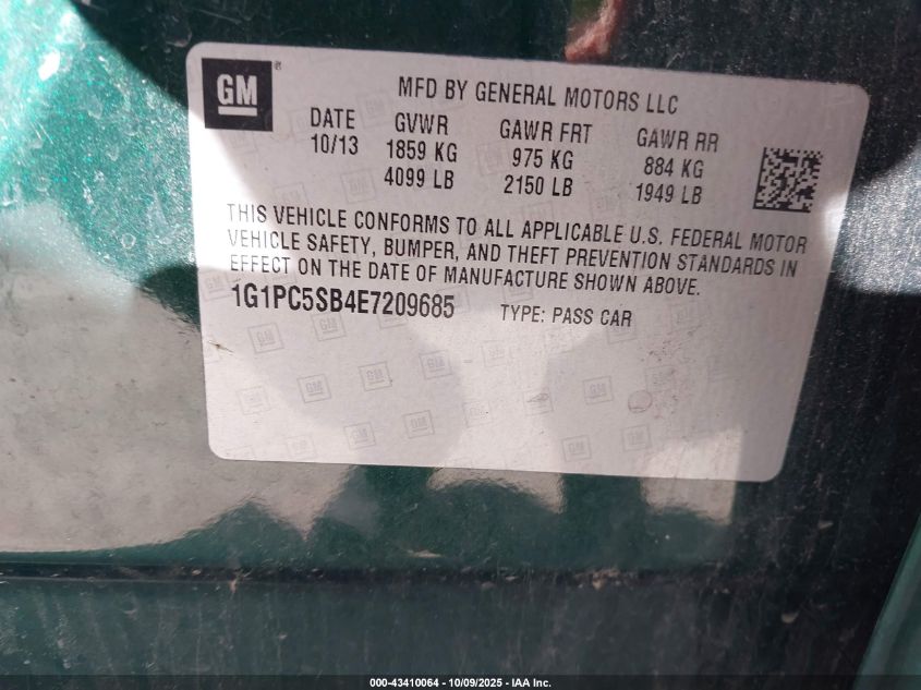 2014 Chevrolet Cruze 1Lt Auto VIN: 1G1PC5SB4E7209685 Lot: 43410064