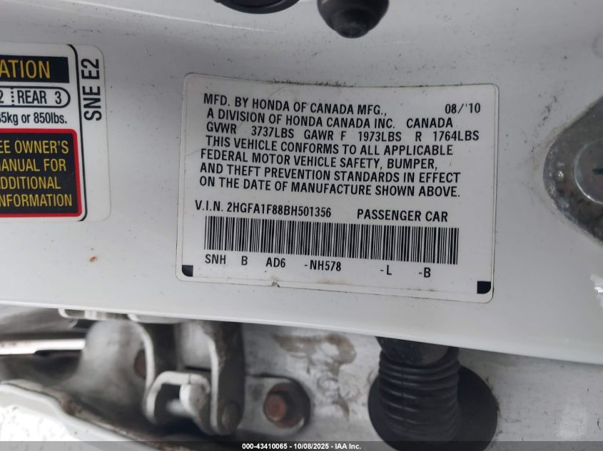 2011 Honda Civic Ex VIN: 2HGFA1F88BH501356 Lot: 43410065