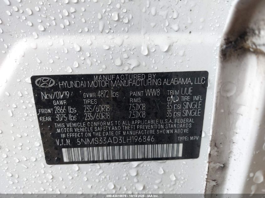 2020 Hyundai Santa Fe Sel VIN: 5NMS33AD3LH196846 Lot: 43410076