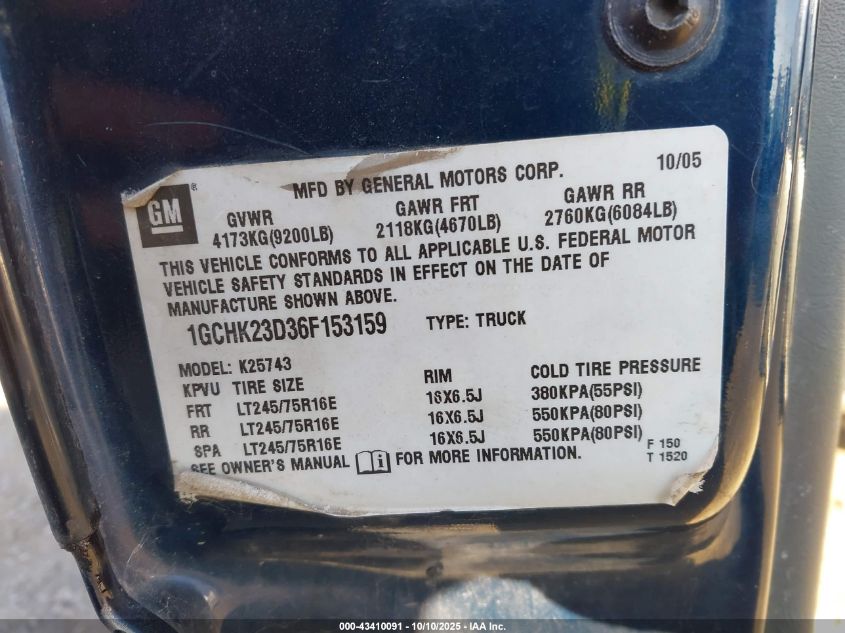 2006 Chevrolet Silverado 2500Hd Lt2 VIN: 1GCHK23D36F153159 Lot: 43410091