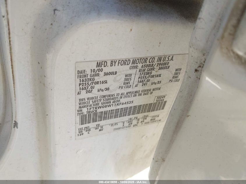 2001 Ford F-150 King Ranch Edition/Lariat/Xlt VIN: 1FTRW08W11KF64535 Lot: 43410098