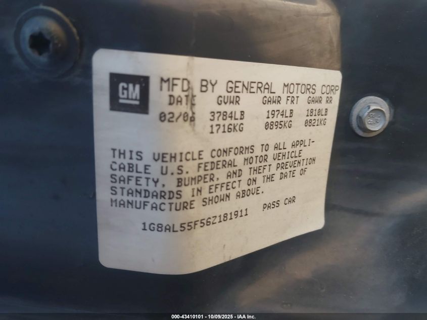 2006 Saturn Ion 3 VIN: 1G8AL55F56Z181911 Lot: 43410101