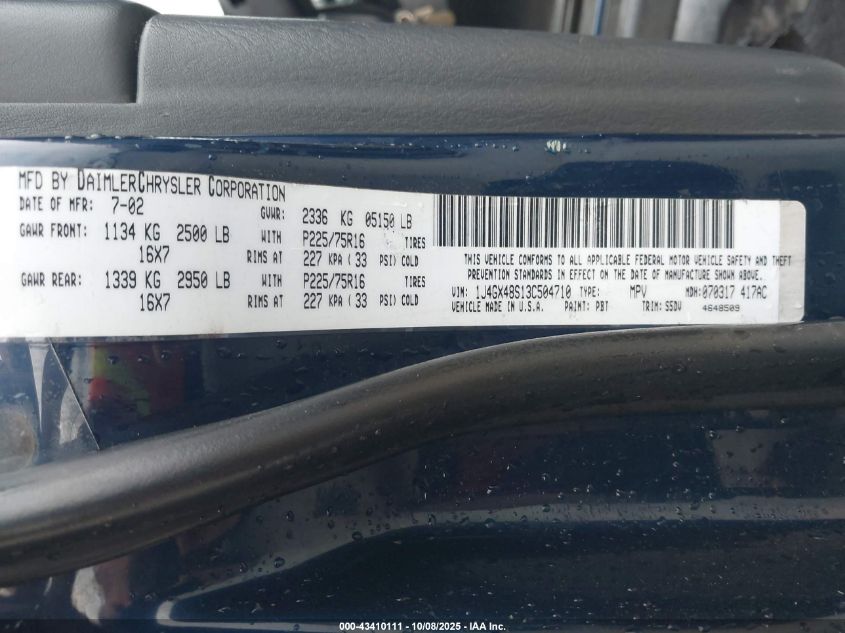 2003 Jeep Grand Cherokee Laredo VIN: 1J4GX48S13C504710 Lot: 43410111