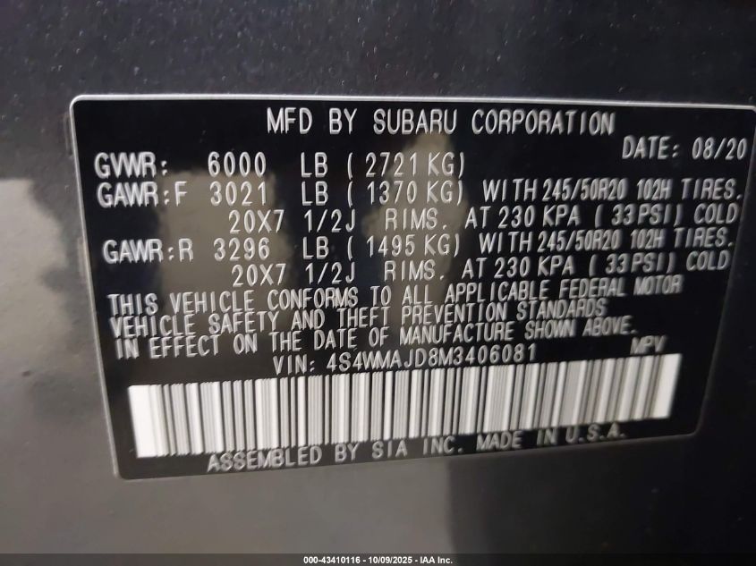 2021 Subaru Ascent Limited VIN: 4S4WMAJD8M3406081 Lot: 43410116