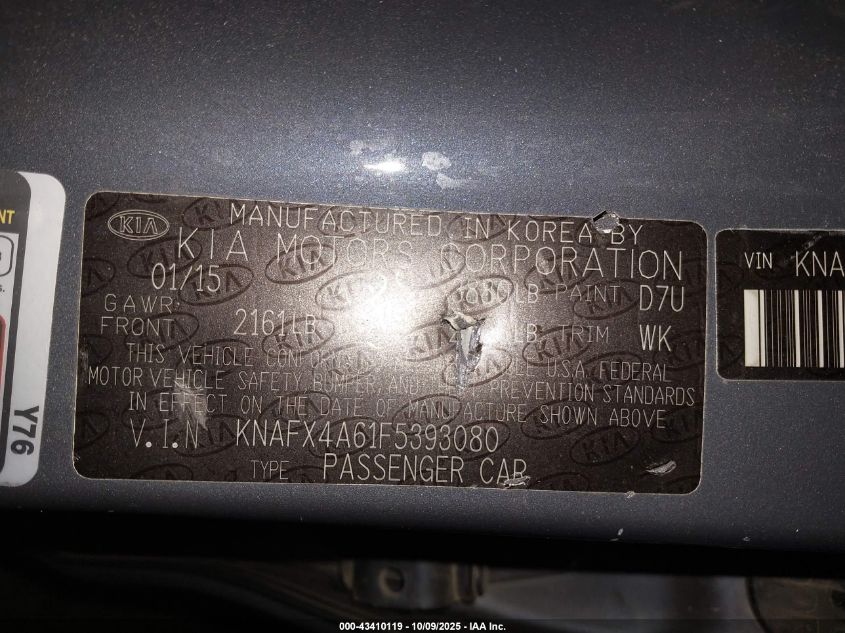 2015 Kia Forte Lx VIN: KNAFX4A61F5393080 Lot: 43410119