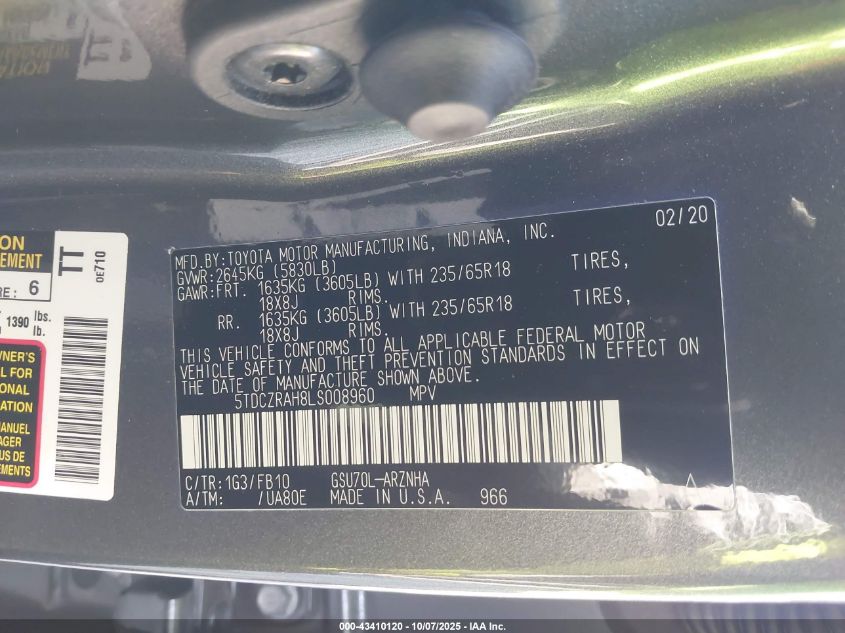 2020 Toyota Highlander L VIN: 5TDCZRAH8LS008960 Lot: 43410120