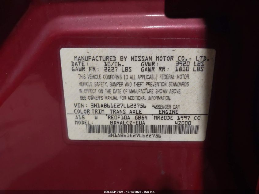 2007 Nissan Sentra 2.0 VIN: 3N1AB61E27L622756 Lot: 43410121