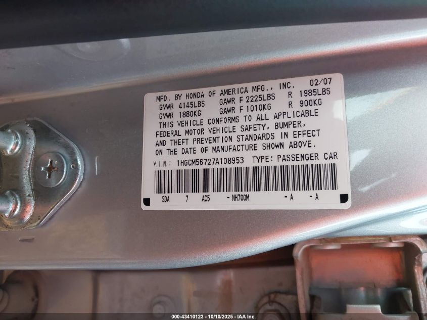 2007 Honda Accord 2.4 Ex VIN: 1HGCM56727A108953 Lot: 43410123