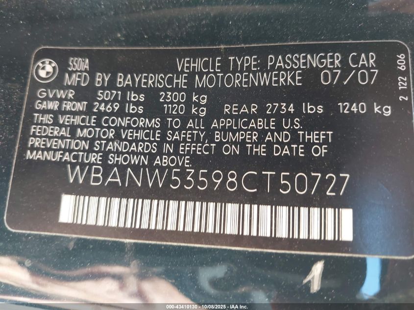 2008 BMW 550I VIN: WBANW53598CT50727 Lot: 43410130