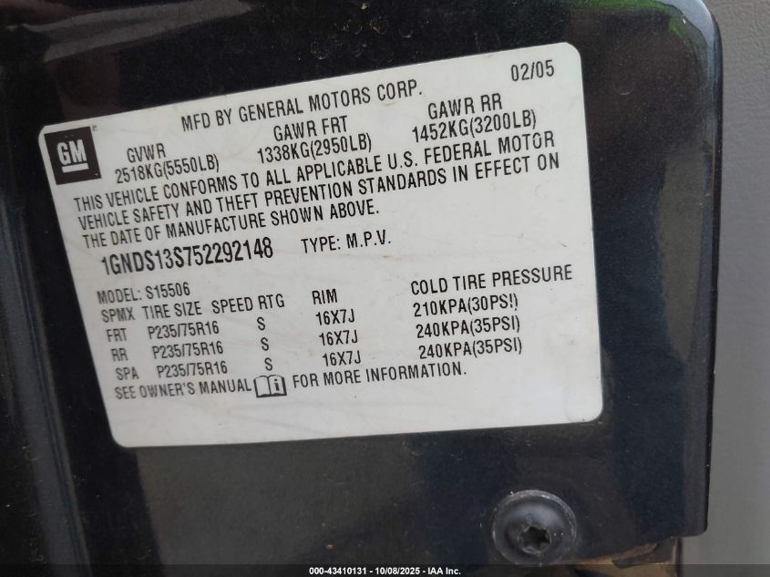 2005 Chevrolet Trailblazer Ls VIN: 1GNDS13S752292148 Lot: 43410131