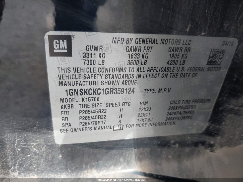 2016 CHEVROLET TAHOE LTZ 1GNSKCKC1GR359124