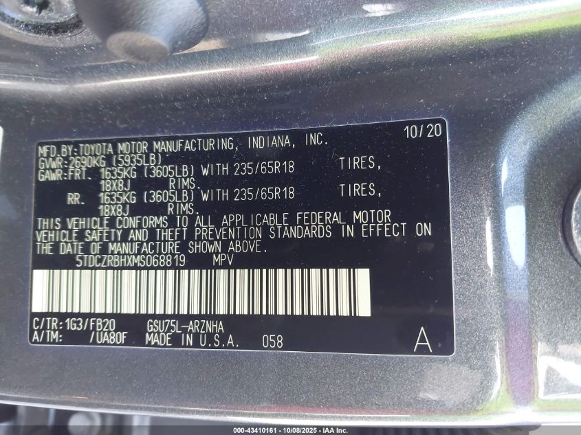 2021 Toyota Highlander L VIN: 5TDCZRBHXMS068819 Lot: 43410161